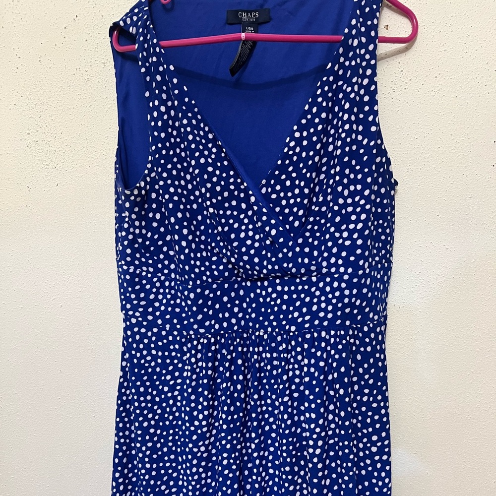 Chaps blue and white polkadot, sleeveless knee length dress
